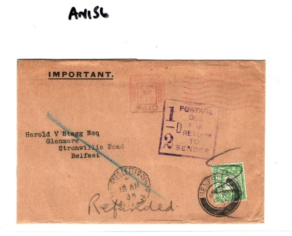 GB NORTHERN IRELAND Cover BELFAST*RLB* 1935 CDS Retour Renfrew POSTAGE DUE AN156 - Image 4