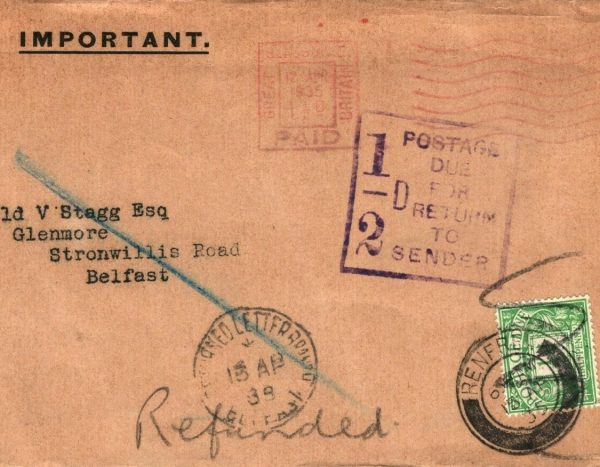 GB NORTHERN IRELAND Cover BELFAST*RLB* 1935 CDS Retour Renfrew POSTAGE DUE AN156