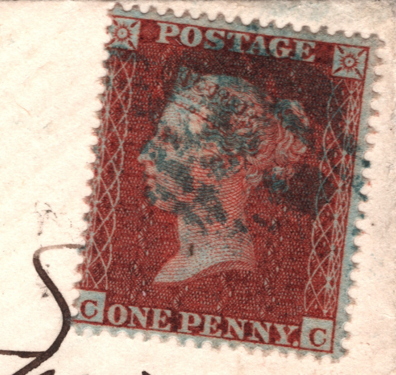 GB PENNY RED SG.21 Cover *BLUE NUMERAL* 1855 Kings X Station C4 Plate 2 XB246