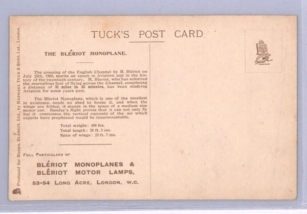 GB PIONEER AVIATION Postcard *BLERIOT COMPANY* Advert MONOPLANE/MOTOR LAMPS XA84 - Image 3