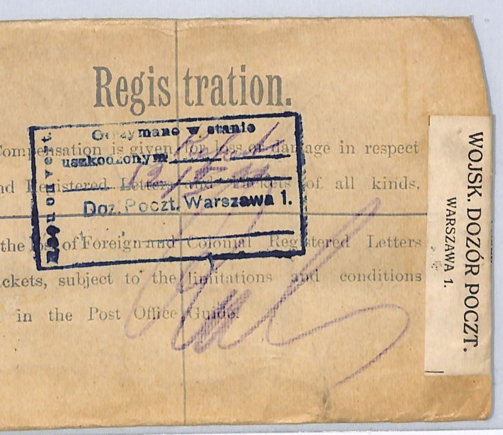 GB POLAND INTERRUPTED MAIL Reg'd Cover 1920 Warsaw *DAMAGED* Explanatory WX175