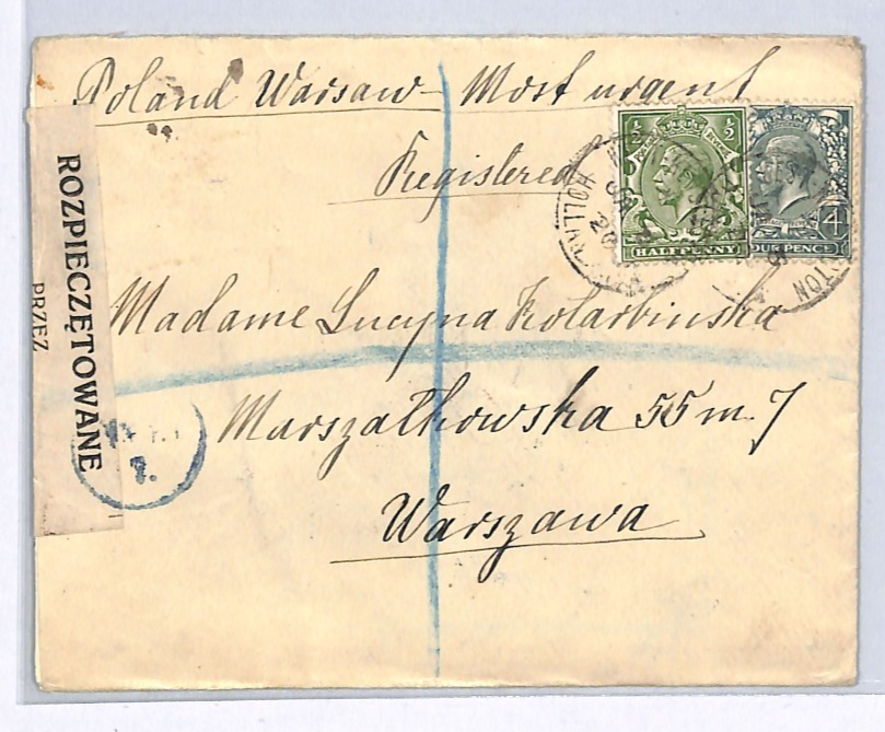 GB POLAND INTERRUPTED MAIL Reg'd Cover 1920 Warsaw *DAMAGED* Explanatory WX178