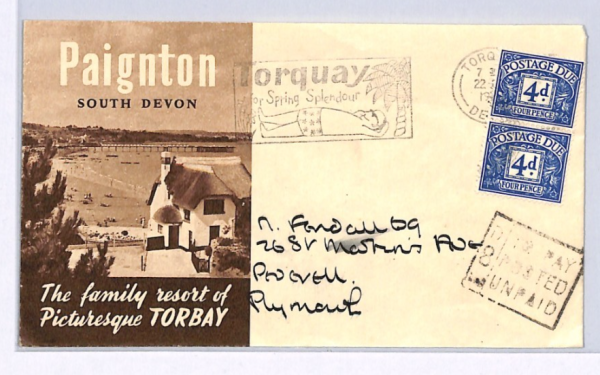 GB POSTAGE DUE Cover DEVON *ILLUSTRATED* ADVERT Torbay 1957 Plymouth XG202