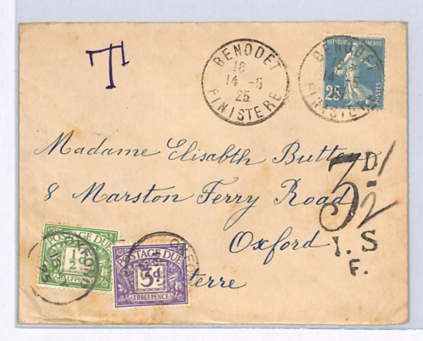 GB POSTAGE DUE France Cover 1925 3d CHARGE Mark PEN MODIFIED *3½* Oxford XG199 - Image 3