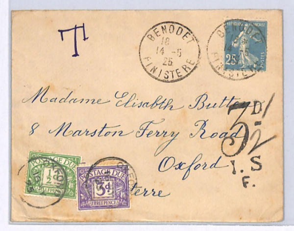 GB POSTAGE DUE France Cover 1925 3d CHARGE Mark PEN MODIFIED *3½* Oxford XG199 - Image 5