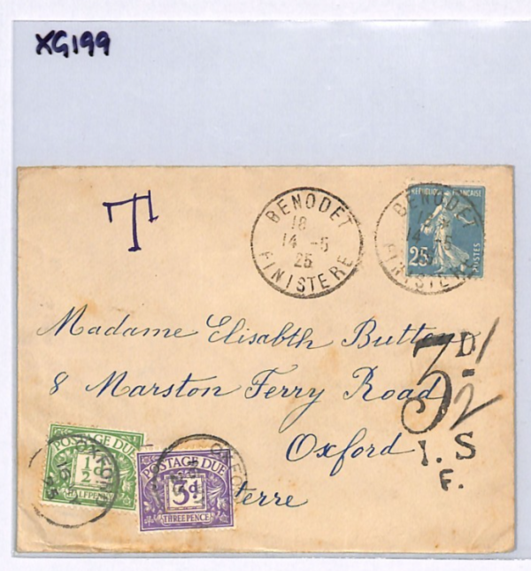 GB POSTAGE DUE France Cover 1925 3d CHARGE Mark PEN MODIFIED *3½* Oxford XG199 - Image 6
