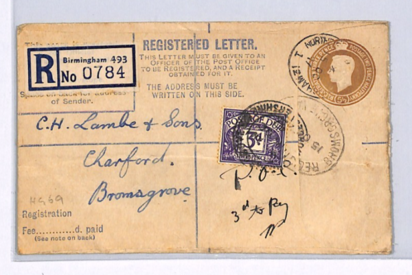 GB POSTAGE DUE *POOC* Cover B'ham REGISTERED Stationery 1947 Bromsgrove  XG198 - Image 3