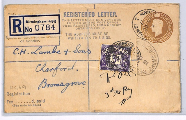 GB POSTAGE DUE *POOC* Cover B'ham REGISTERED Stationery 1947 Bromsgrove  XG198 - Image 6