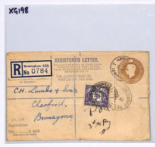 GB POSTAGE DUE *POOC* Cover B'ham REGISTERED Stationery 1947 Bromsgrove  XG198 - Image 7