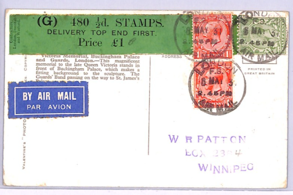 GB Postcard KGV HALFPENNY £1 *COIL LEADER* Flown London 1931 CANADA Winnipeg XA4 - Image 7