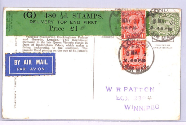 GB Postcard KGV HALFPENNY £1 *COIL LEADER* Flown London 1931 CANADA Winnipeg XA4 - Image 10