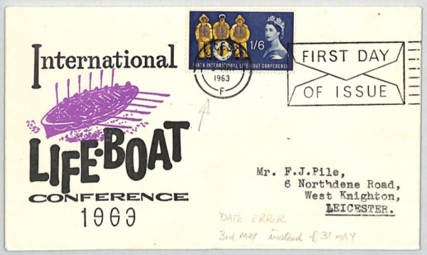 GB QEII FDC 1963 LIFEBOAT 1s/6d Leicester *ERROR* DATE Slogan FDI Machine XE184 - Image 3