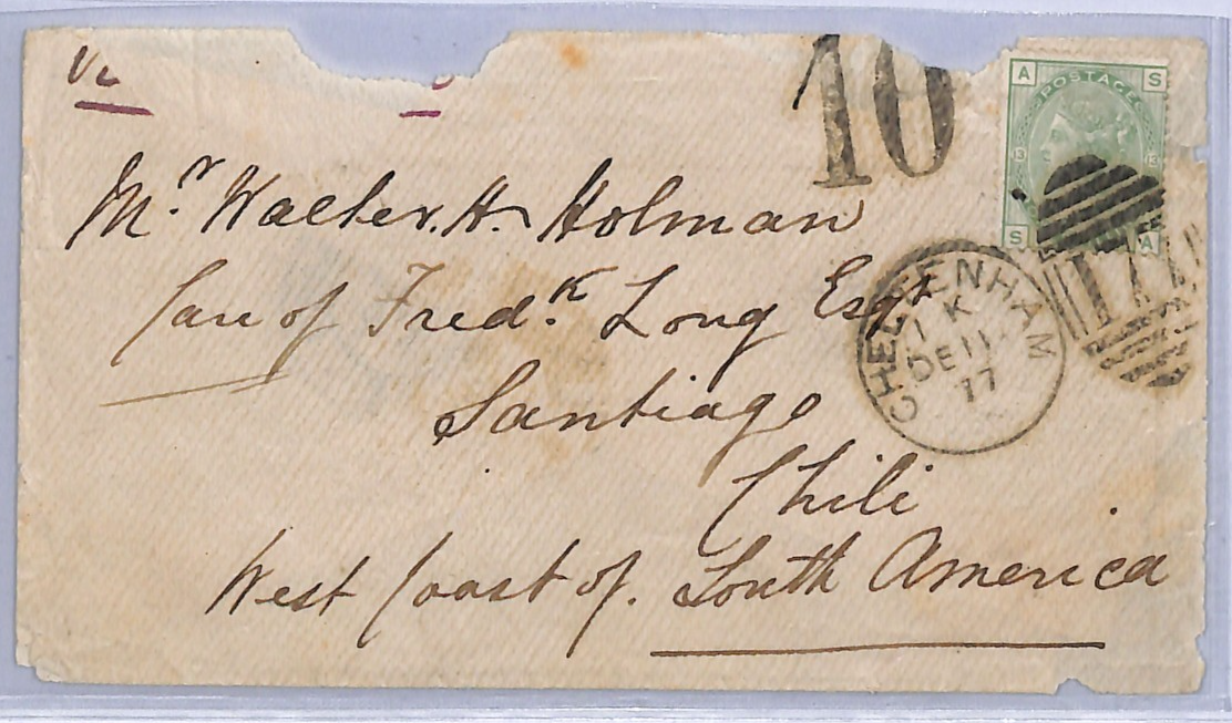 GB QV 1s Plate 13 CHILE TRANSATLANTIC Cover Cheltenham 1877 SG.150 Cat £240 WA7 - Image 3