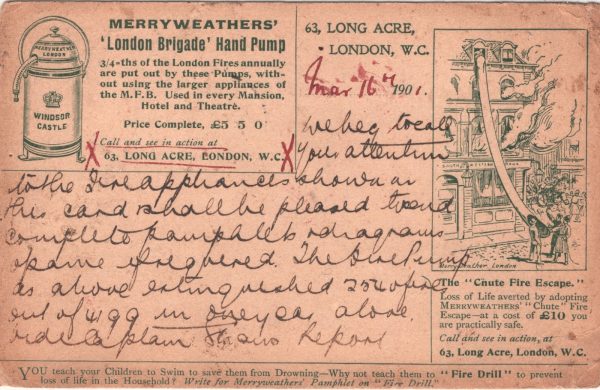 GB QV ADVERT STATIONERY Card *FIRE-FIGHTING* Pump FIRE ESCAPE 1901 Rare XG151 - Image 3