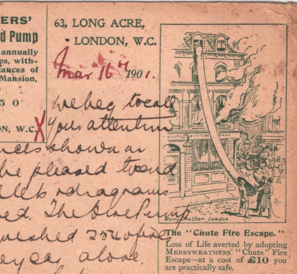 GB QV ADVERT STATIONERY Card *FIRE-FIGHTING* Pump FIRE ESCAPE 1901 Rare XG151