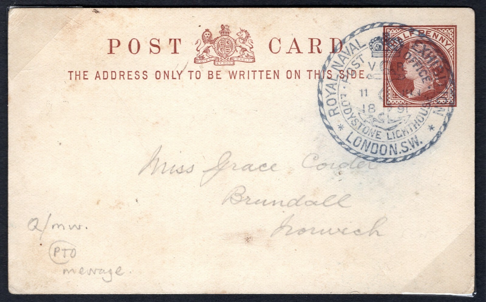 GB QV Card NAVAL EXHIBITION 1891 Blue *EDDYSTONE LIGHTHOUSE* Stationery MC118a - Image 4