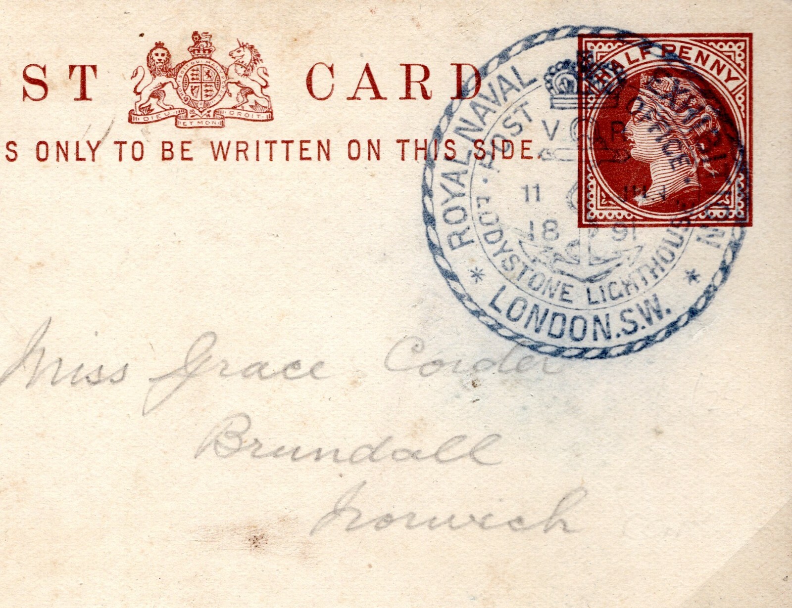 GB QV Card NAVAL EXHIBITION 1891 Blue *EDDYSTONE LIGHTHOUSE* Stationery MC118a - Image 5