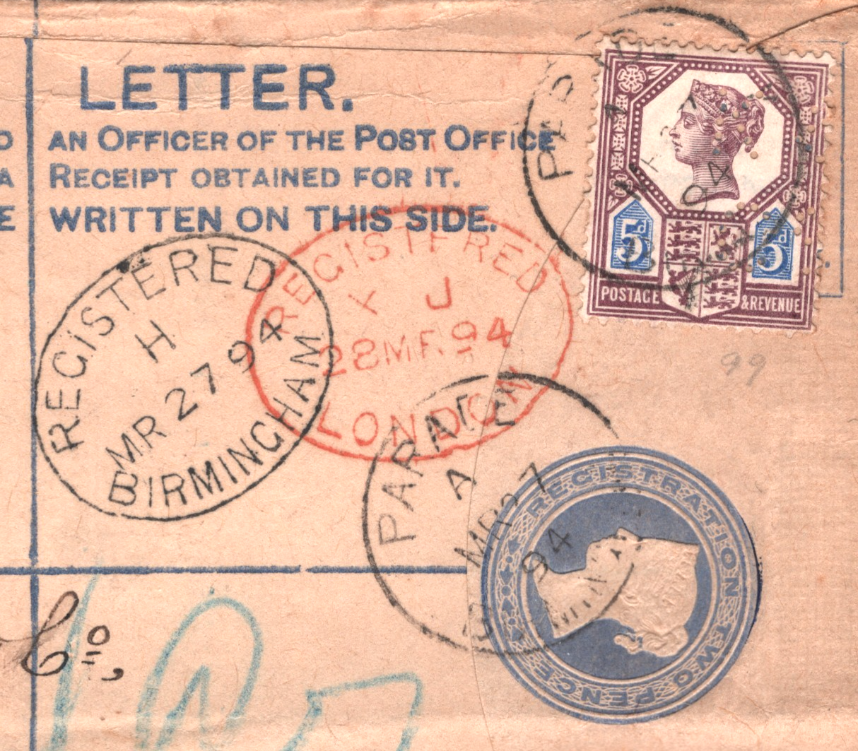 GB QV Cover *PARADE* BIRMINGHAM CDS Registered Stationery 1894 5d Jubilee WA16