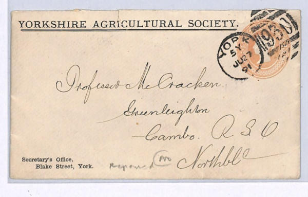 GB QV Cover *YORKSHIRE AGRICULTURAL SOCIETY* 1d Pink Stationery 1891 York XG145