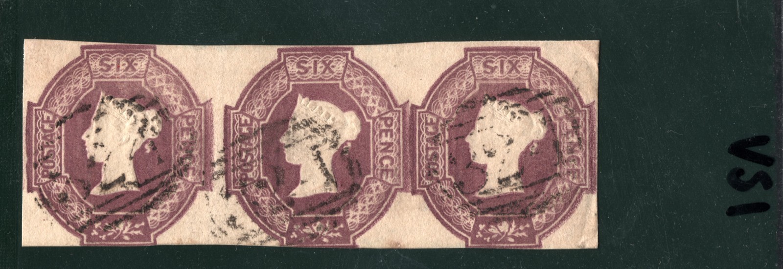 GB QV EMBOSSED SG.60 6d Purple STRIP{3} Used *324* GUERNSEY Numerals RARE VS1 - Image 4