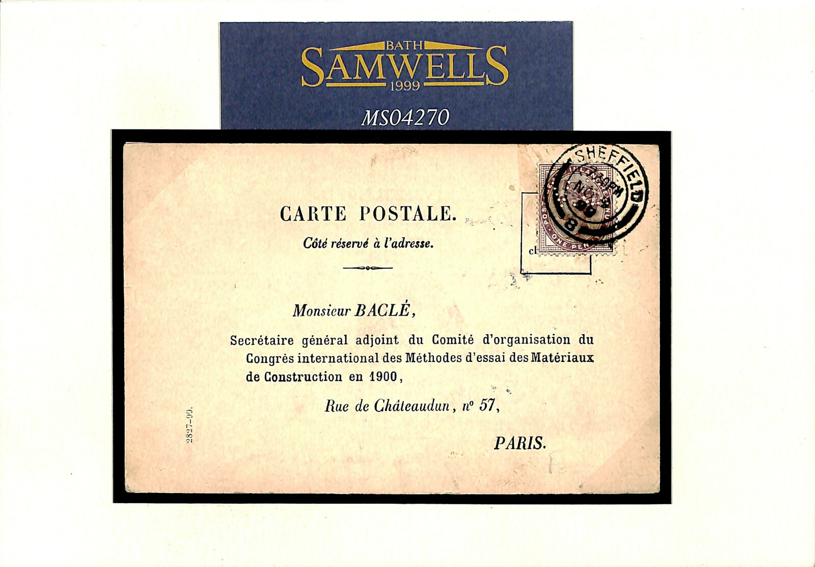 GB QV France REPLY CARD Construction Congress SHEFFIELD 1899 CDS 1d Lilac MS4270 - Image 4