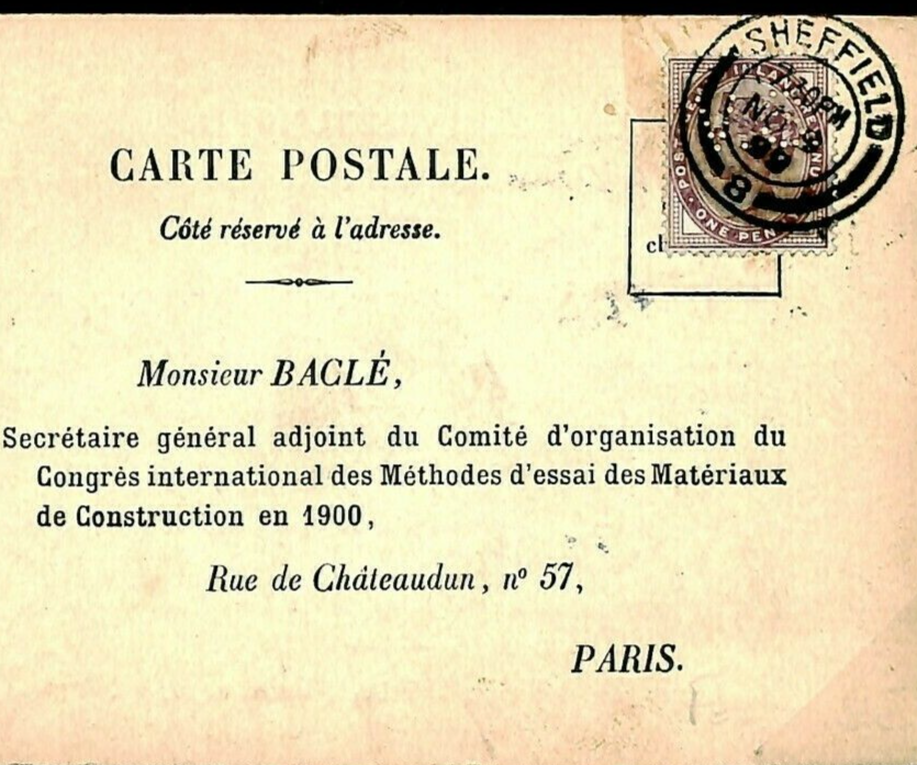 GB QV France REPLY CARD Construction Congress SHEFFIELD 1899 CDS 1d Lilac MS4270