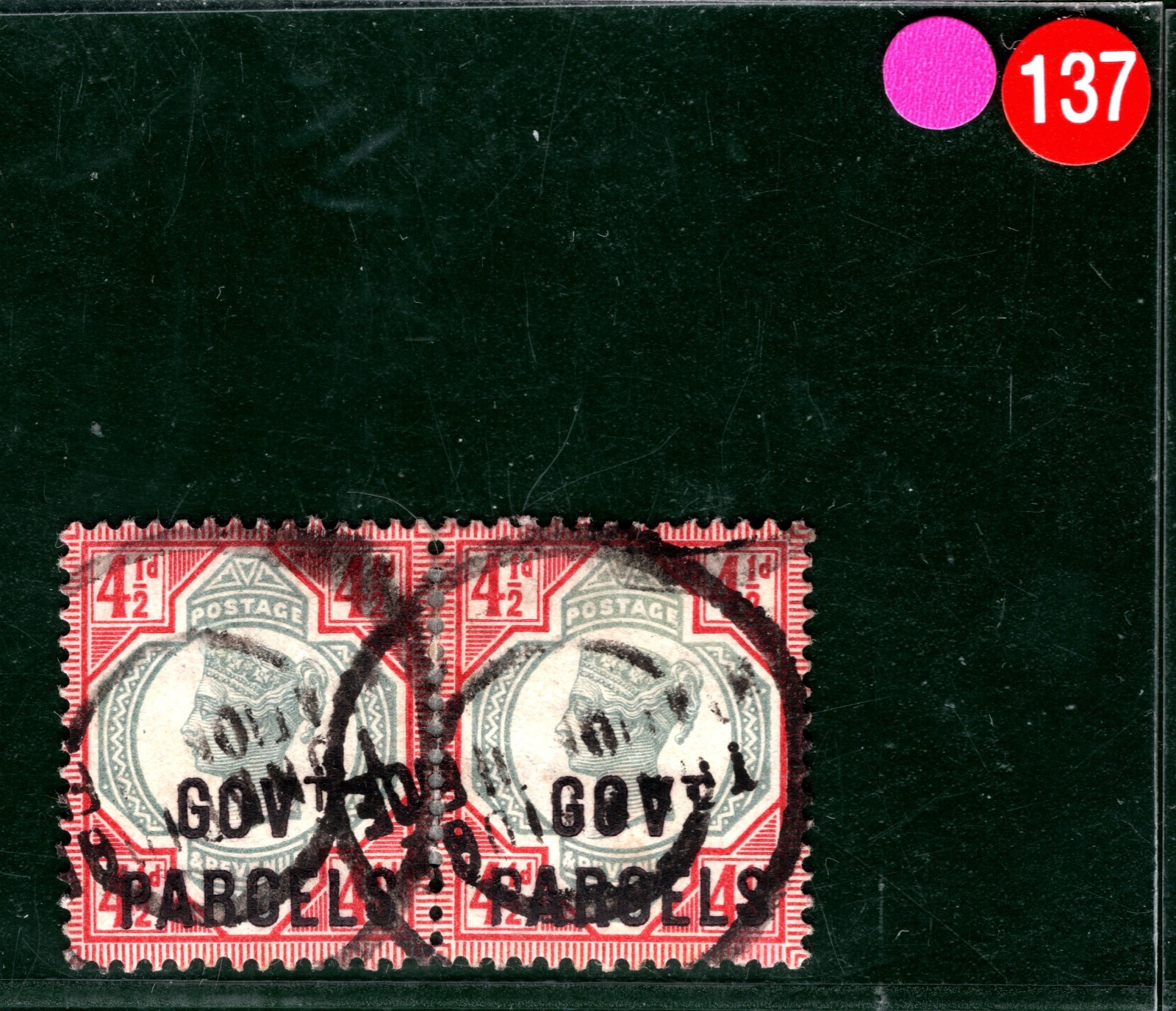GB QV OFFICIAL Pair SG.O71 4½d *GOVT PARCELS* (1892) Used PAIR Cat £360 HPR137 - Image 4