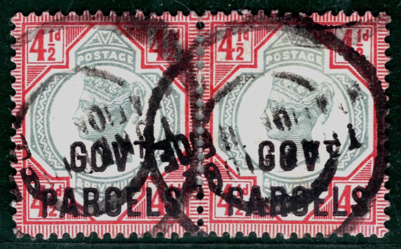 GB QV OFFICIAL Pair SG.O71 4½d *GOVT PARCELS* (1892) Used PAIR Cat £360 HPR137