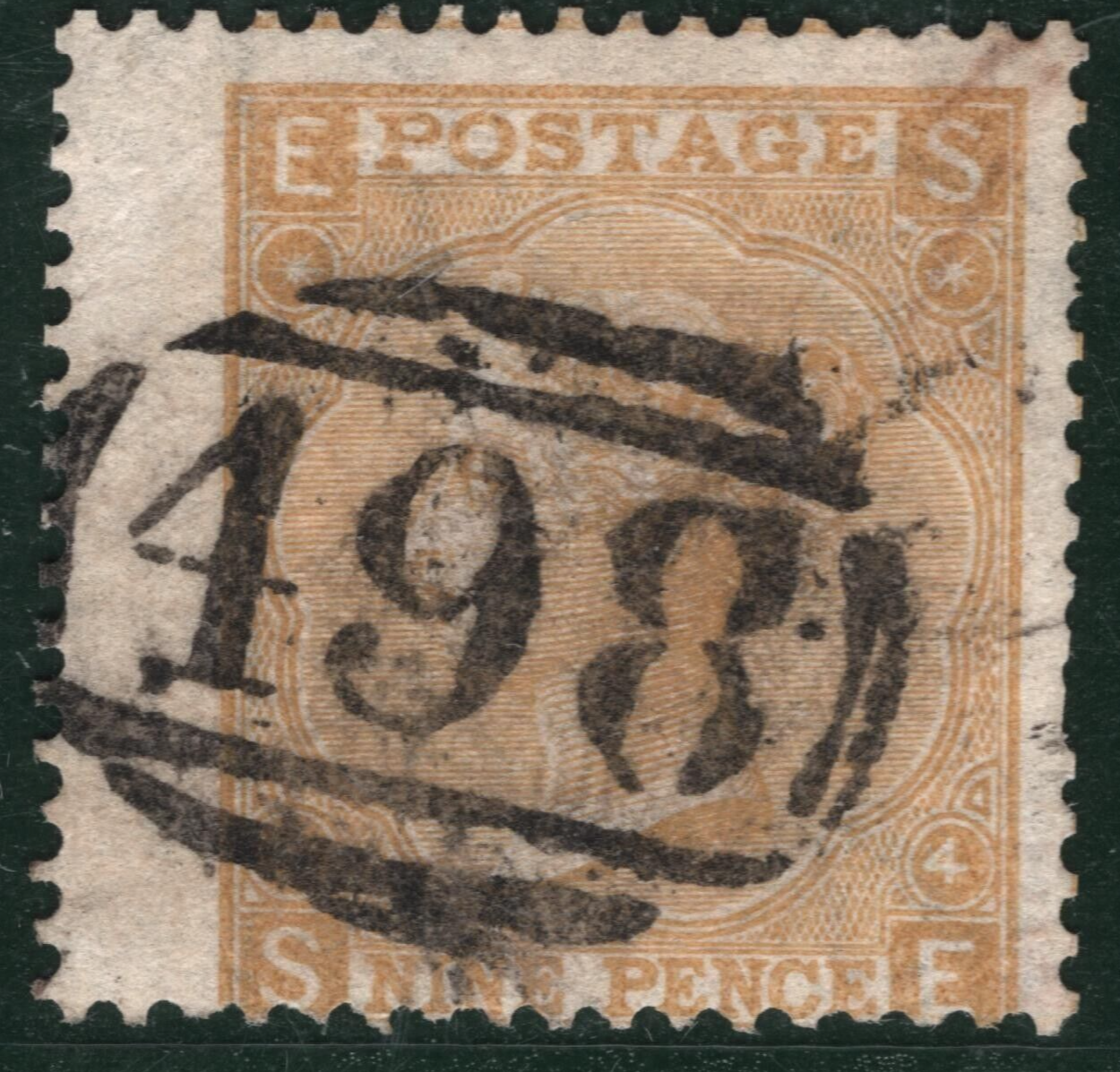 GB QV SG.98 Stamp 9d Straw (1865) Used Crisp 498 Numeral Cat £500 PIRED69