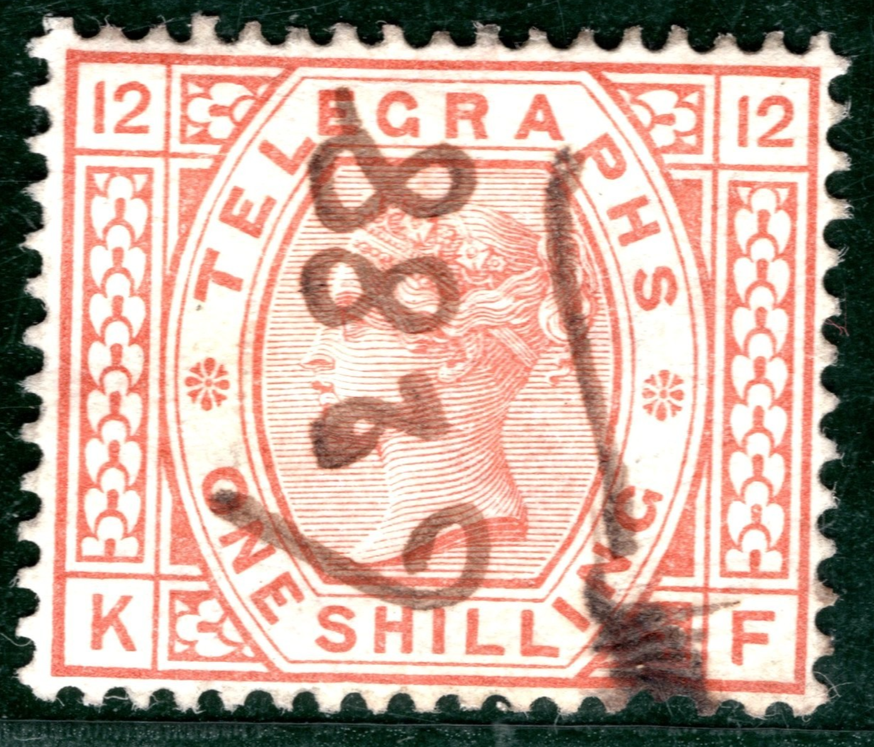GB QV TELEGRAPH SG.T10 1s Orange-Brn *Plate 12* (CROWN) Pen Cancel c£300 REDS33
