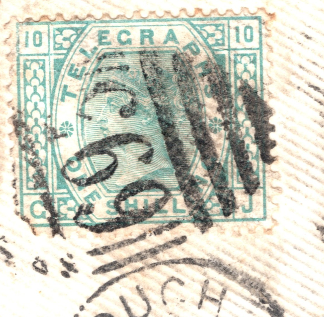 GB QV TELEGRAPH SG.T8 1s Green Plate 10 *RARE POSTAL USE* Duplex Piece REDS97
