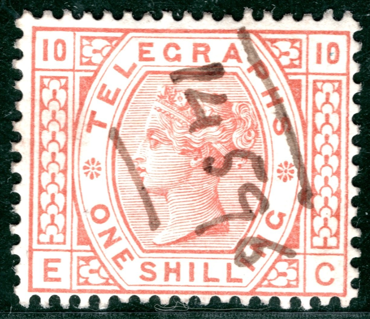 GB QV TELEGRAPH SG.T9 1s Orange-Brown Plate 10 (EC) Pen Cancel Used c£150 REDS21