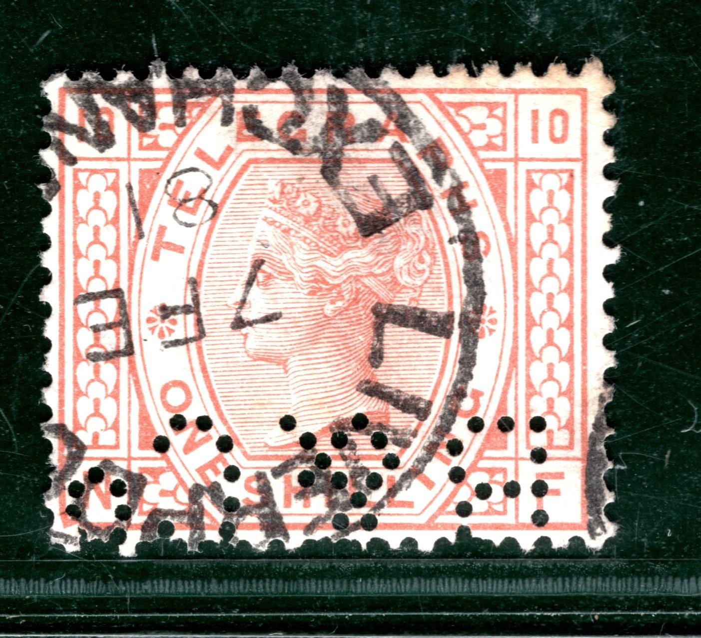 GB QV TELEGRAPH Stamp SG.T9 1s Orange-Brown Plate 10 (NF) PERFIN *B&Co* REDS35 - Image 5