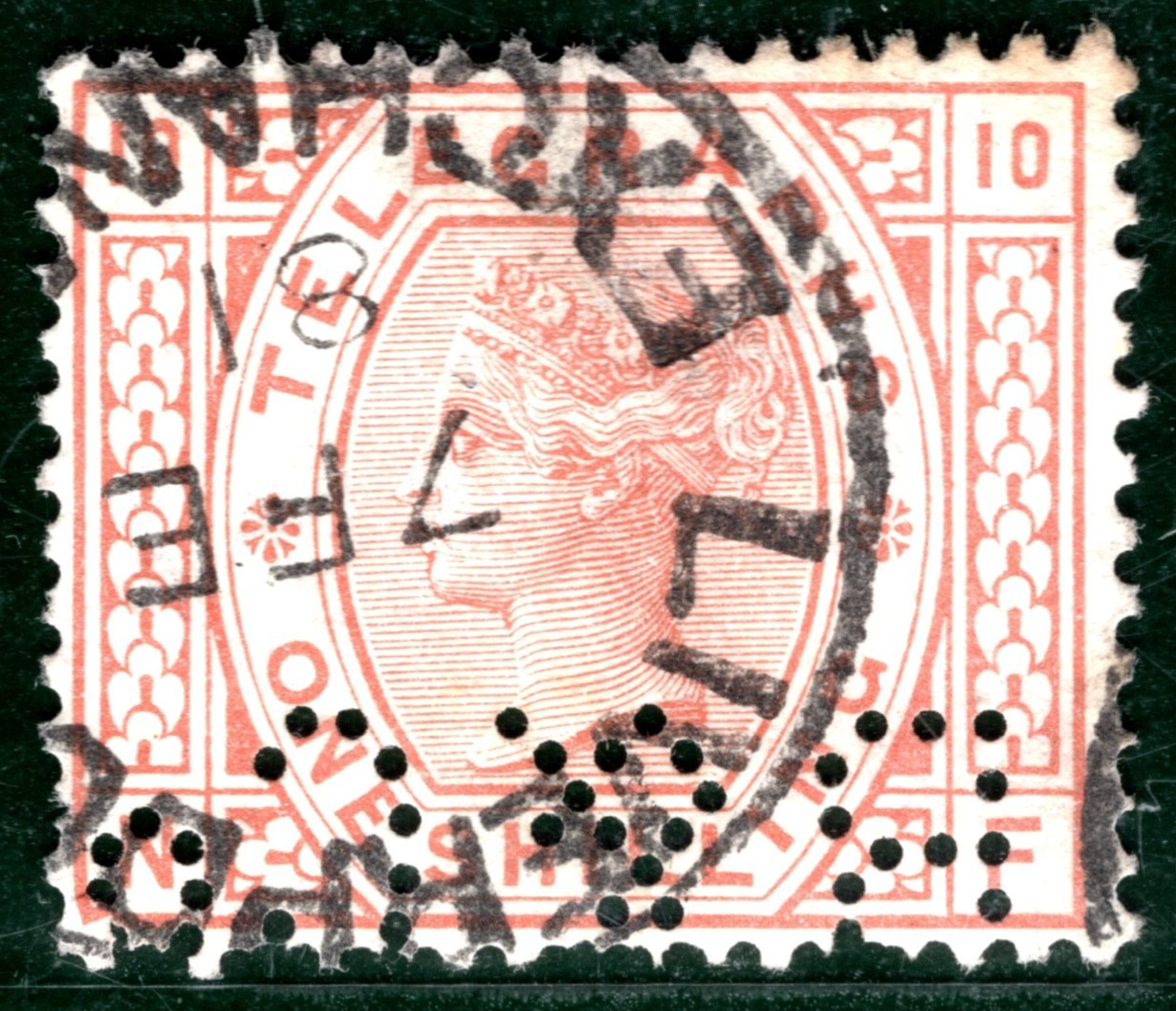 GB QV TELEGRAPH Stamp SG.T9 1s Orange-Brown Plate 10 (NF) PERFIN *B&Co* REDS35