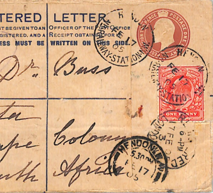 GB RAILWAY Cover *HENDON STATION* CDS Registered South Africa Umtata 1905 WR44
