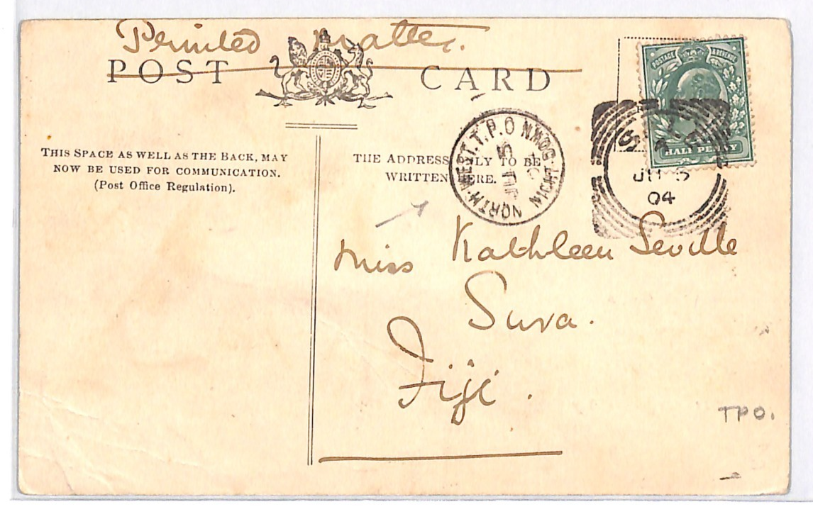 GB RAILWAY *FIJI* MAIL Postcard NORTH-WEST TPO NIGHT DOWN CDS 1904 Suva! WR159 - Image 2