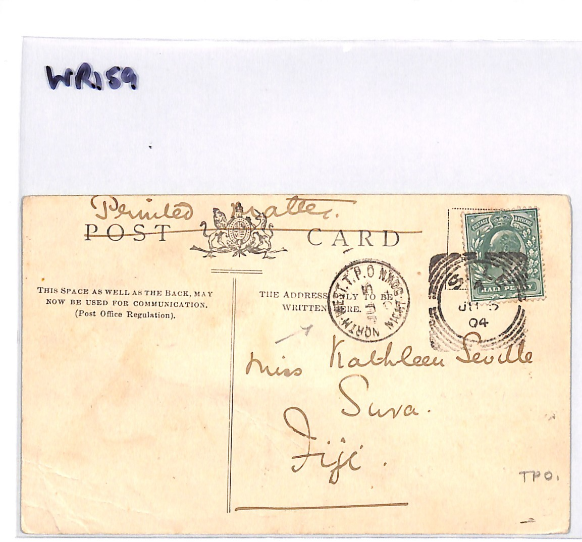 GB RAILWAY *FIJI* MAIL Postcard NORTH-WEST TPO NIGHT DOWN CDS 1904 Suva! WR159 - Image 5