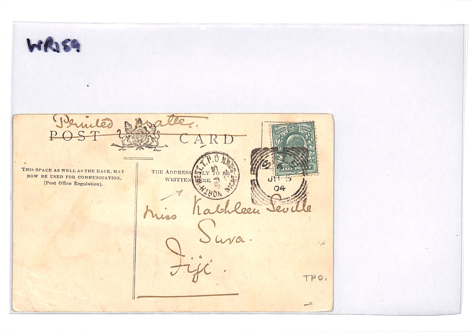 GB RAILWAY *FIJI* MAIL Postcard NORTH-WEST TPO NIGHT DOWN CDS 1904 Suva! WR159 - Image 7