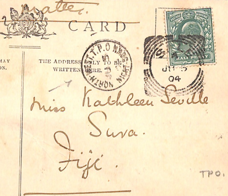 GB RAILWAY *FIJI* MAIL Postcard NORTH-WEST TPO NIGHT DOWN CDS 1904 Suva! WR159