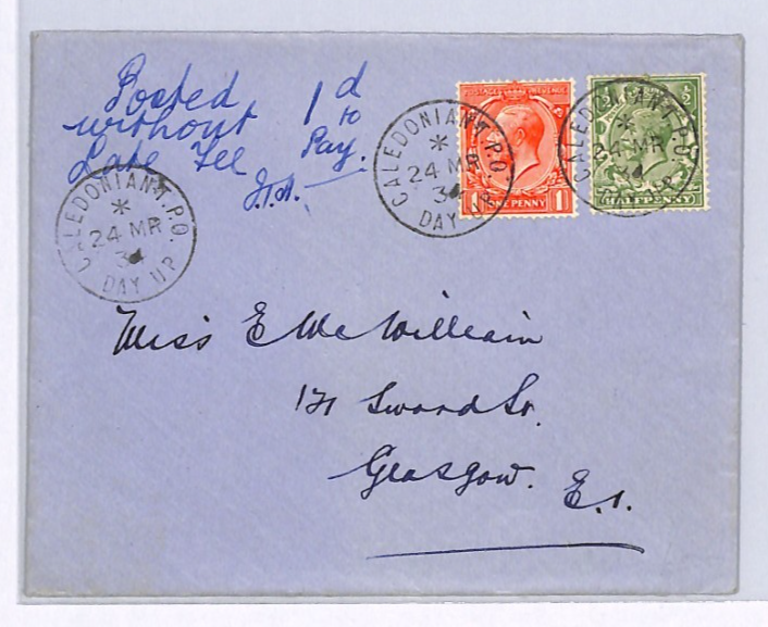 GB RAILWAY LATE FEE Scotland 1934 Cover *CALEDONIAN TPO DAY UP* Glasgow XG267 - Image 5