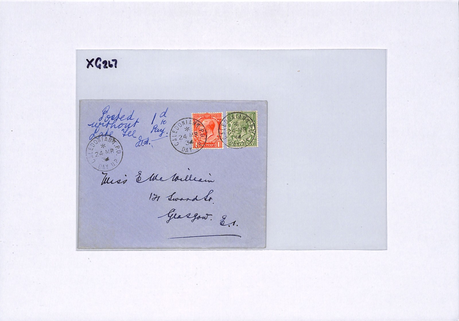 GB RAILWAY LATE FEE Scotland 1934 Cover *CALEDONIAN TPO DAY UP* Glasgow XG267 - Image 7