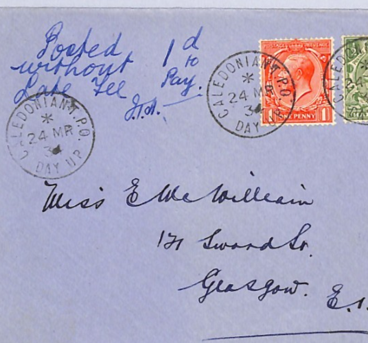 GB RAILWAY LATE FEE Scotland 1934 Cover *CALEDONIAN TPO DAY UP* Glasgow XG267