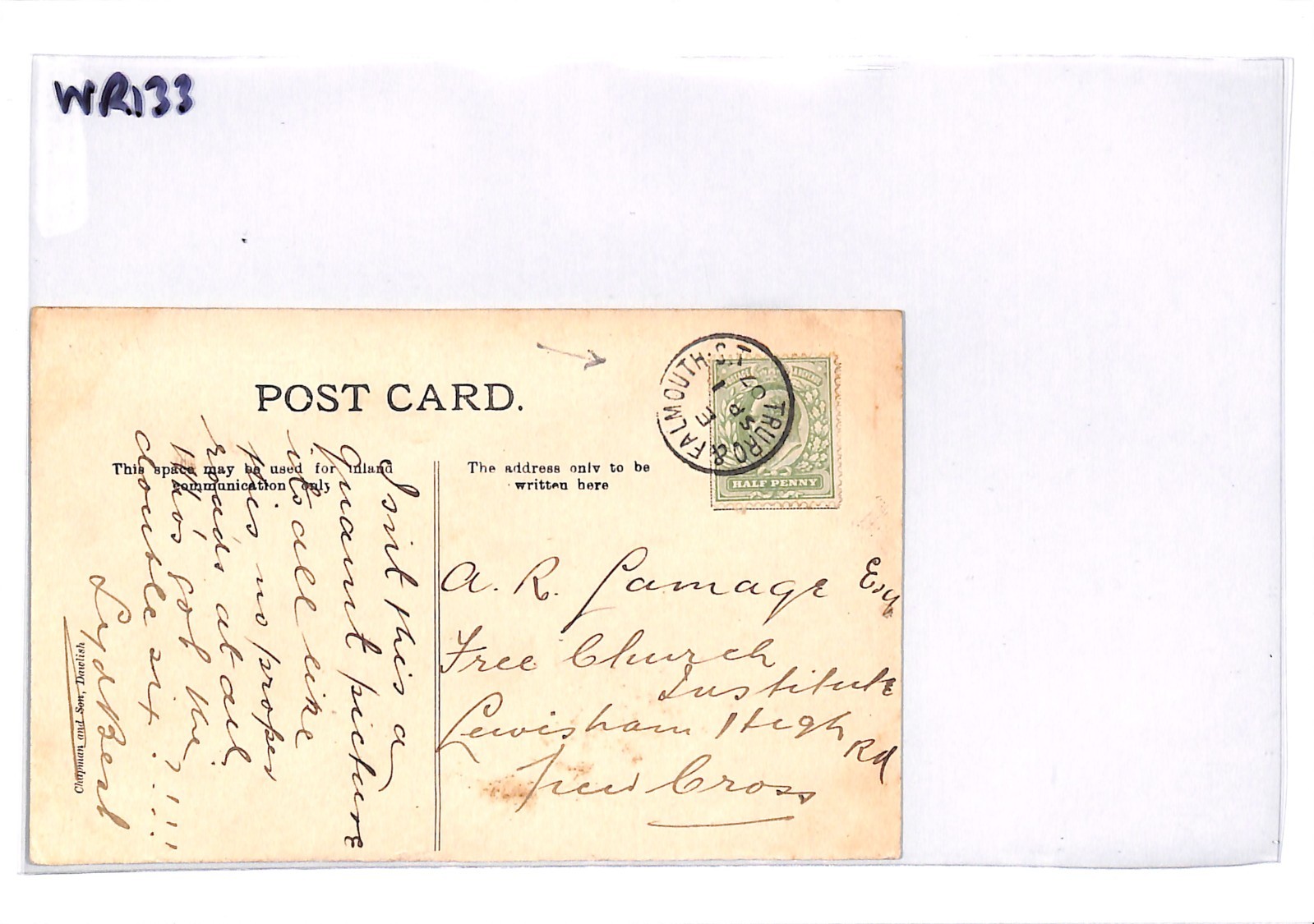 GB RAILWAY Postcard *TRURO & FALMOUTH ST* 1907 TPO Cornwall St Mawes PPC WR133 - Image 4