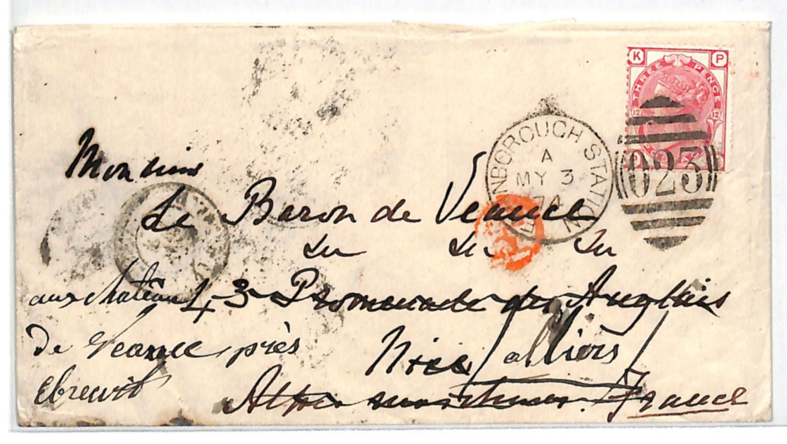 GB RAILWAY QV 3d Cover *FARNBOROUGH STATION* Hants 1874 France Destination WR18 - Image 3