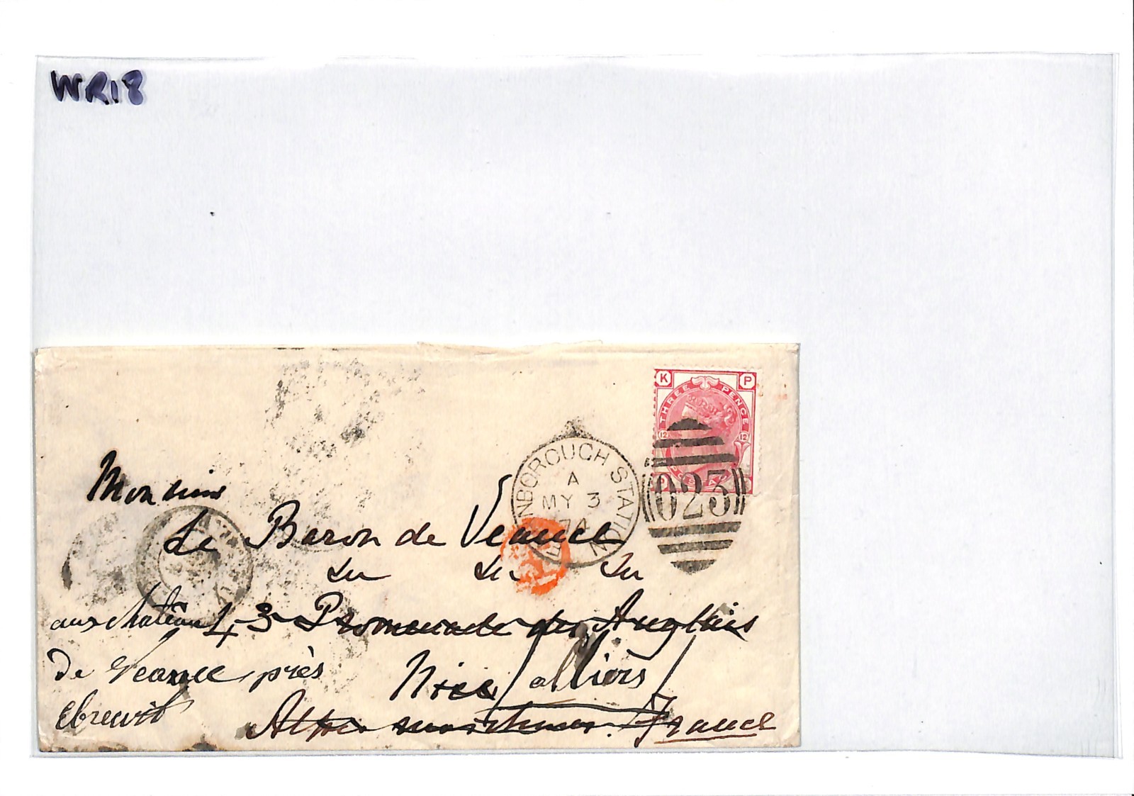 GB RAILWAY QV 3d Cover *FARNBOROUGH STATION* Hants 1874 France Destination WR18 - Image 5