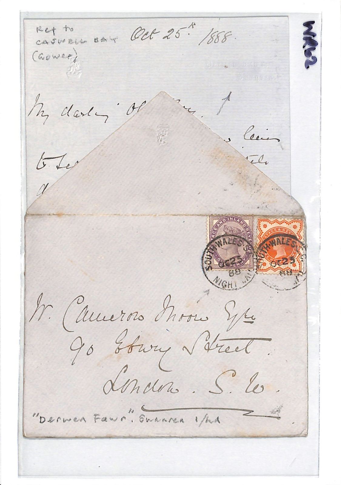 GB RAILWAY TPO Cover *SOUTH WALES SC/NIGHT MAIL* Derwen Fawr 1888 Letter WR62 - Image 5