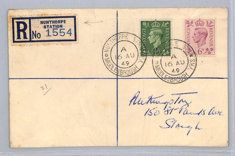 GB RAILWAY Yorks Cover *NUNTHORPE STATION* Registered 1949 Middlesboro XG263