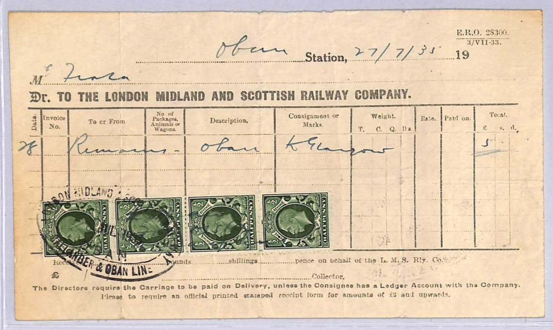 GB SCOTS ISLANDS LMS RAILWAY Waybill *CALLANDER & OBAN* KGV Postage Stamps WT166 - Image 3