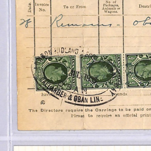 GB SCOTS ISLANDS LMS RAILWAY Waybill *CALLANDER & OBAN* KGV Postage Stamps WT166 - Image 5