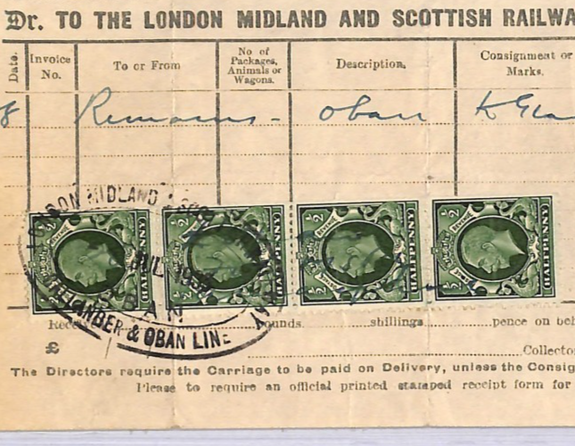 GB SCOTS ISLANDS LMS RAILWAY Waybill *CALLANDER & OBAN* KGV Postage Stamps WT166 - Image 6